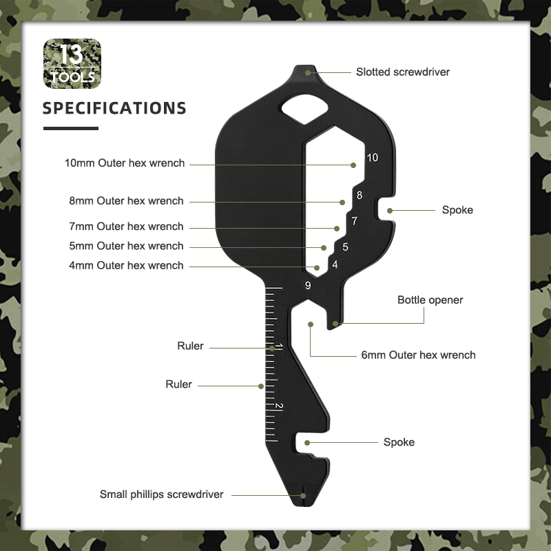 Topwell Tools 13-in-1 Key-Shaped Pocket Multitool, Stainless Steel EDC Key Keychain Tool