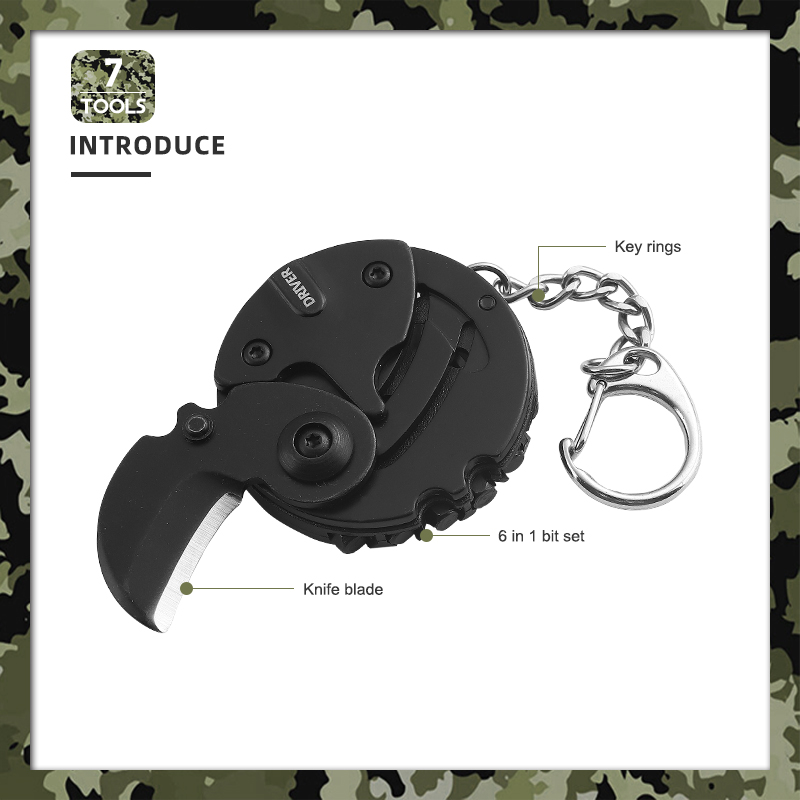 7-in-1 Keychain Multitool, Portable Round Folding Pocket Knife