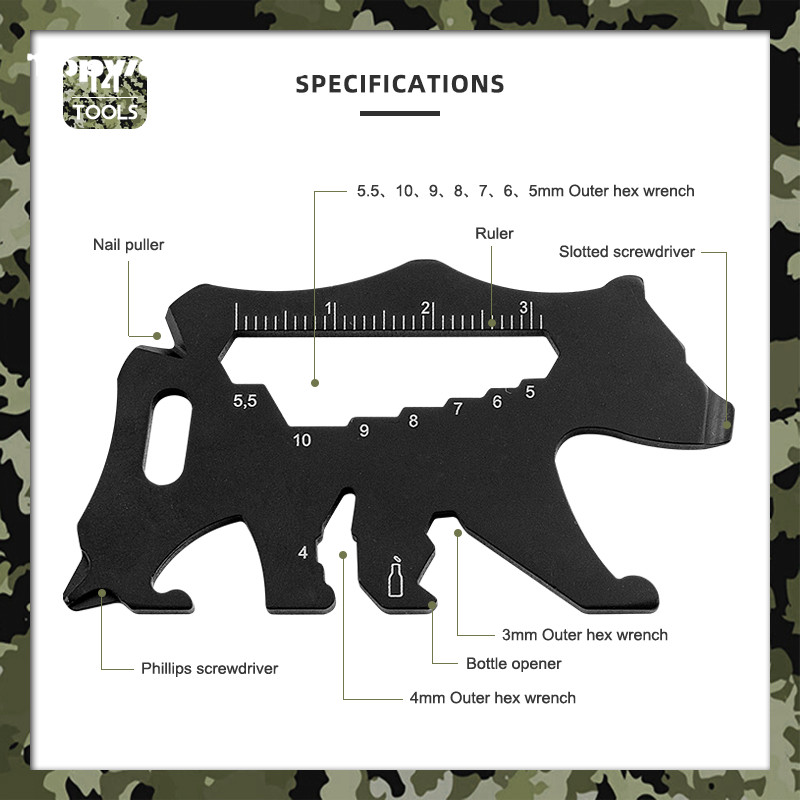 14-in-1 Bear-Shaped Pocket Multitool, Stainless Steel Survival Tool Card with Hex Wrenches