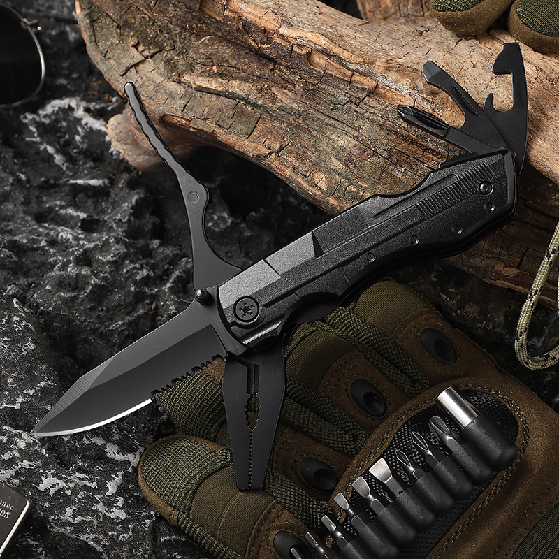 19-in-1 Tactical Multitool Pliers with 9-Piece Screwdriver Bit Set - All-Black Heavy Duty Multi Tool 