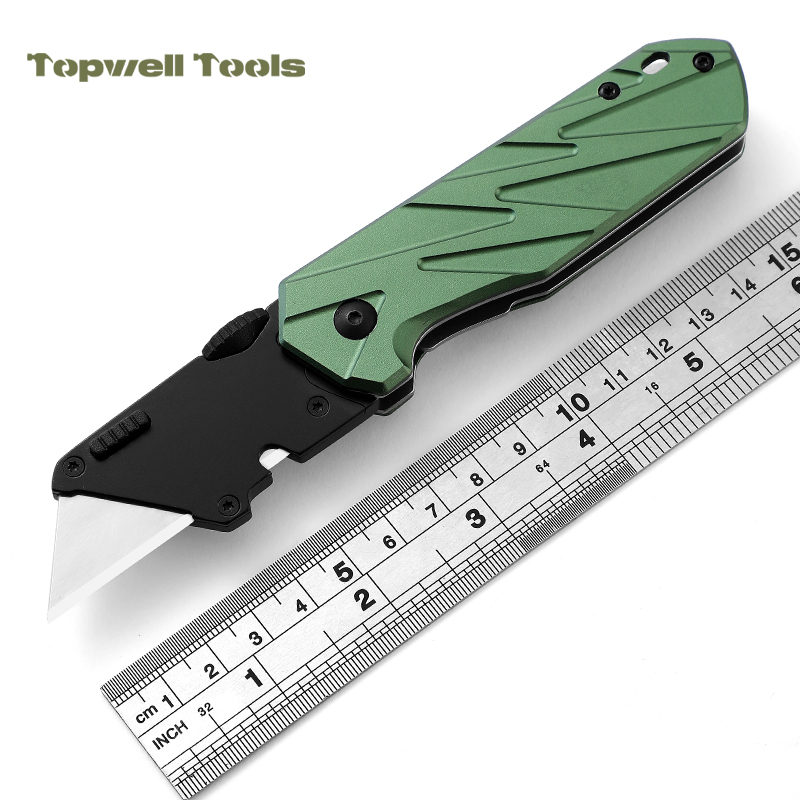 Tactical Folding Utility Knife with Forest Green Aluminum Alloy Handle