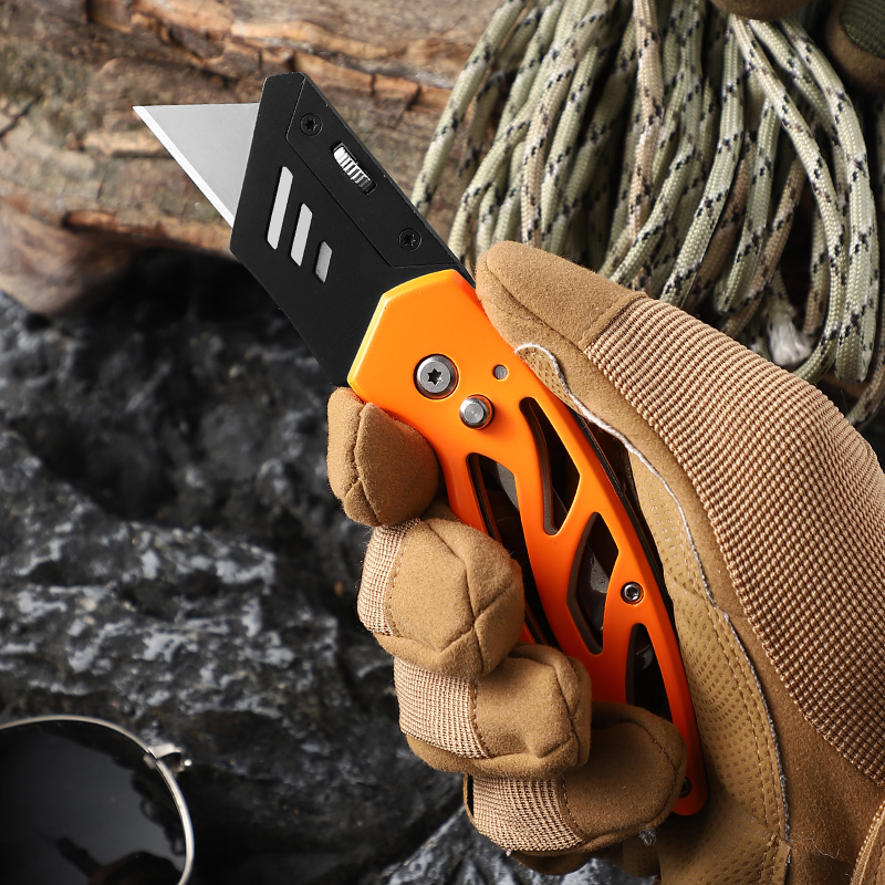 Heavy Duty Folding Utility Knife with High-Visibility Orange Aluminum Handle