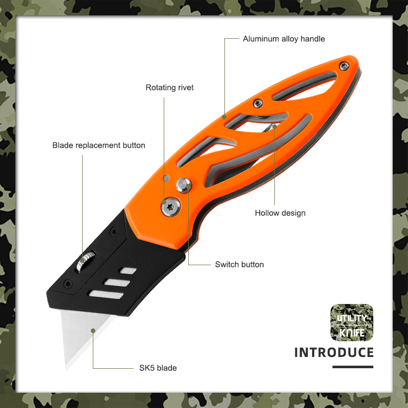 Heavy Duty Folding Utility Knife with High-Visibility Orange Aluminum Handle