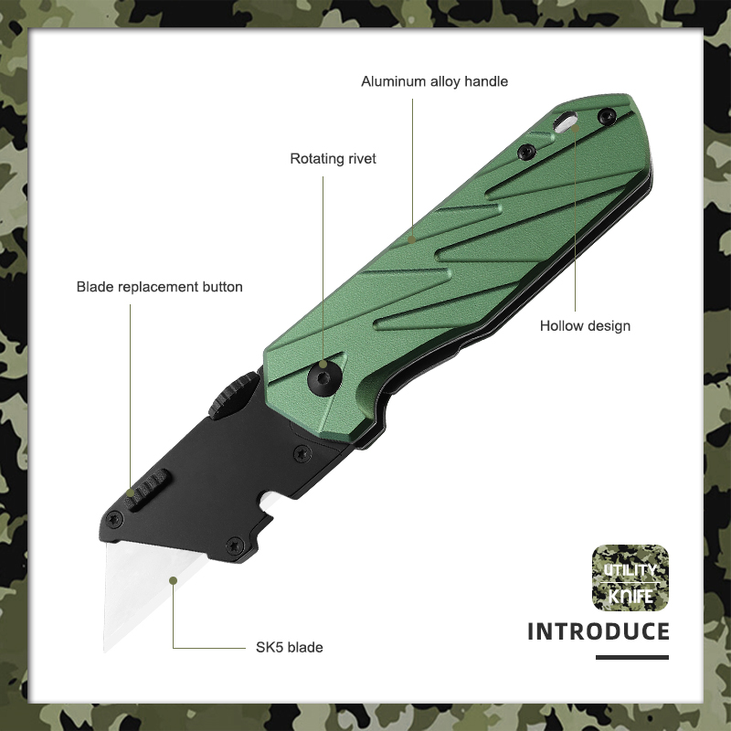 Tactical Folding Utility Knife with Forest Green Aluminum Alloy Handle