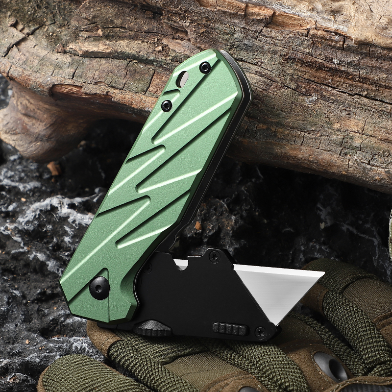 Tactical Folding Utility Knife with Forest Green Aluminum Alloy Handle