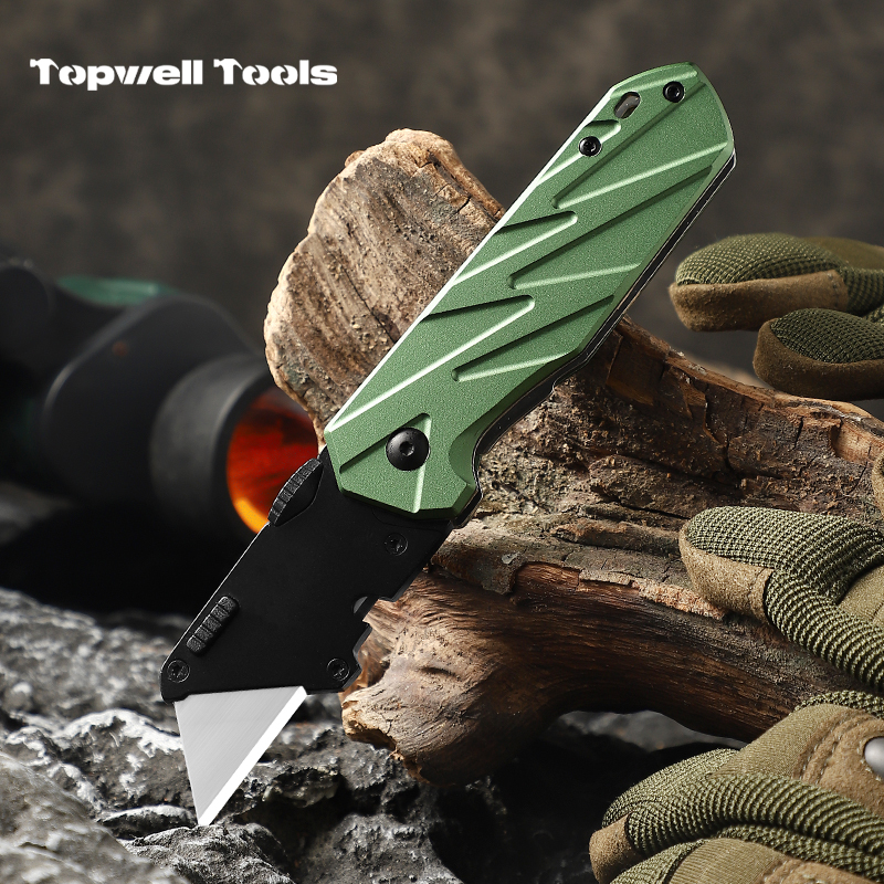 Tactical Folding Utility Knife with Forest Green Aluminum Alloy Handle