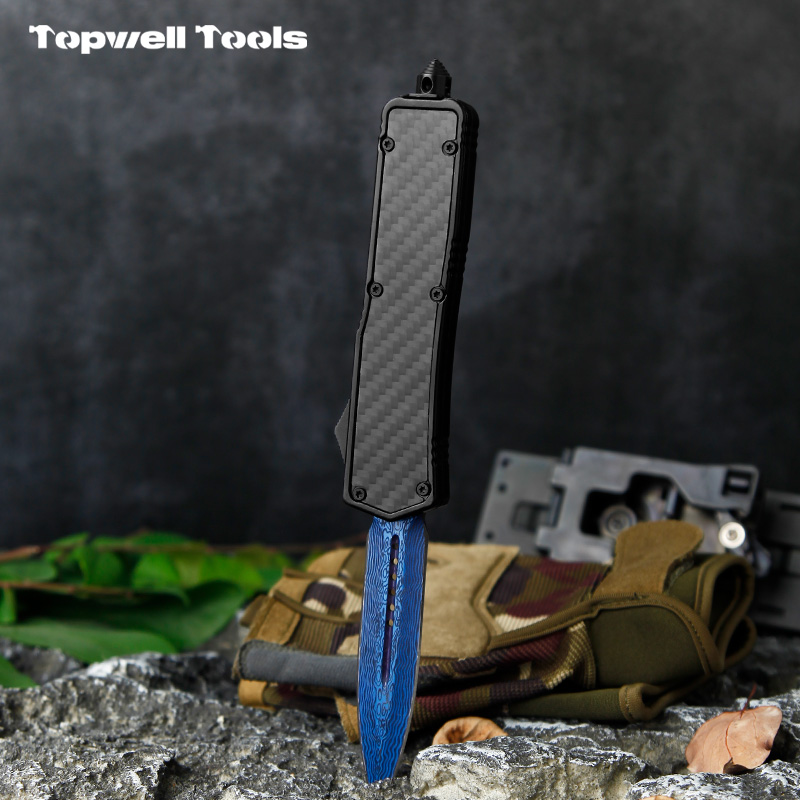 8.5" Carbon Fiber OTF Blue Automatic Dagger Blade Knife