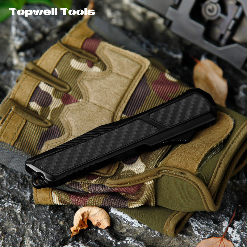 8.50" OTF Automatic Knife - 440 Stainless Steel Double-Edge Dagger Blade with Carbon Fiber Inlay Zinc Alloy Handle