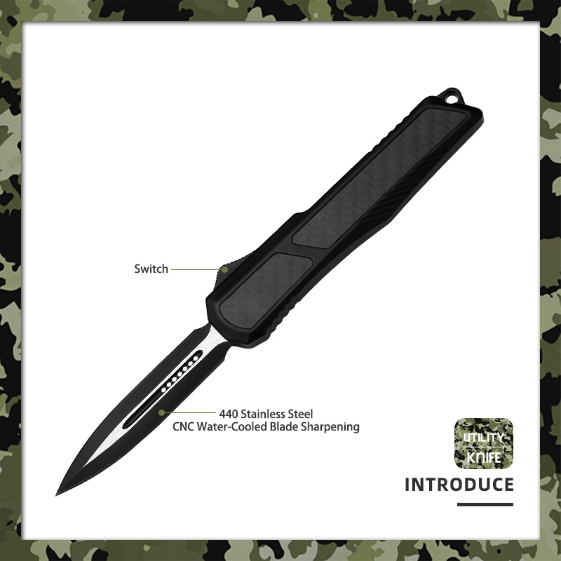 8.50" OTF Automatic Knife - 440 Stainless Steel Double-Edge Dagger Blade with Carbon Fiber Inlay Zinc Alloy Handle