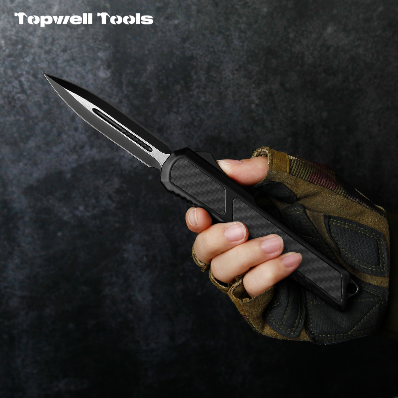 8.50" OTF Automatic Knife - 440 Stainless Steel Double-Edge Dagger Blade with Carbon Fiber Inlay Zinc Alloy Handle