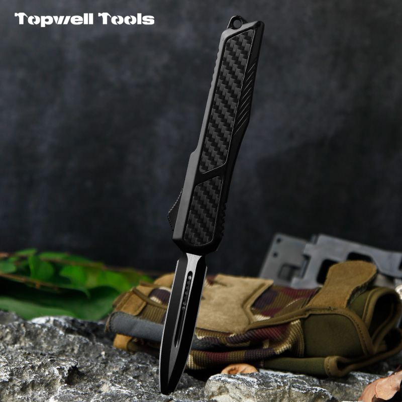8.50" OTF Automatic Knife - 440 Stainless Steel Double-Edge Dagger Blade with Carbon Fiber Inlay Zinc Alloy Handle