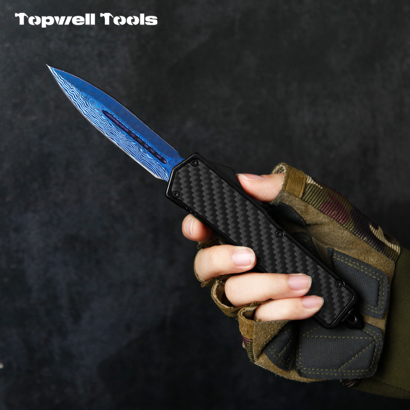 8.5" Carbon Fiber OTF Blue Automatic Dagger Blade Knife