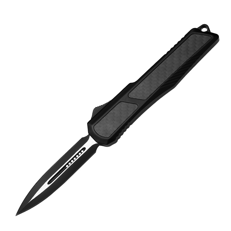 8.50" OTF Automatic Knife - 440 Stainless Steel Double-Edge Dagger Blade with Carbon Fiber Inlay Zinc Alloy Handle