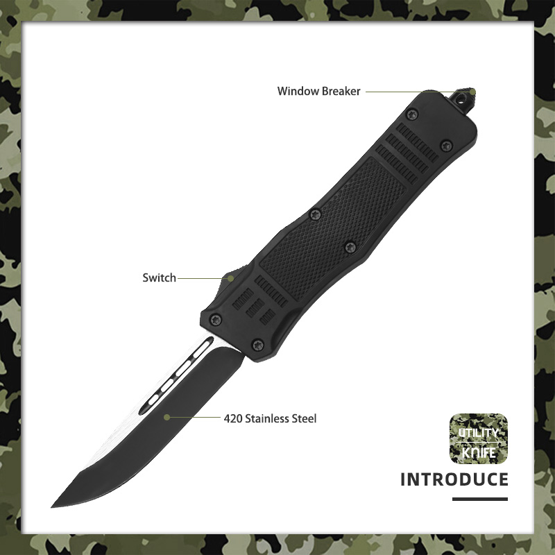 9" Automatic OTF Tactical Knife - Damascus Pattern 420 Stainless Steel Blade with Zinc Alloy Handle & Integrated Window Breaker