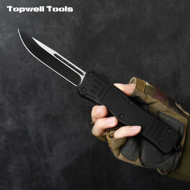 9" Automatic OTF Tactical Knife - Damascus Pattern 420 Stainless Steel Blade with Zinc Alloy Handle & Integrated Window Breaker
