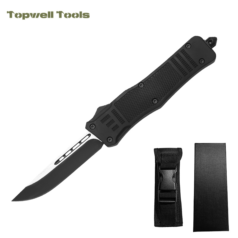 9" Automatic OTF Tactical Knife - Damascus Pattern 420 Stainless Steel Blade with Zinc Alloy Handle & Integrated Window Breaker