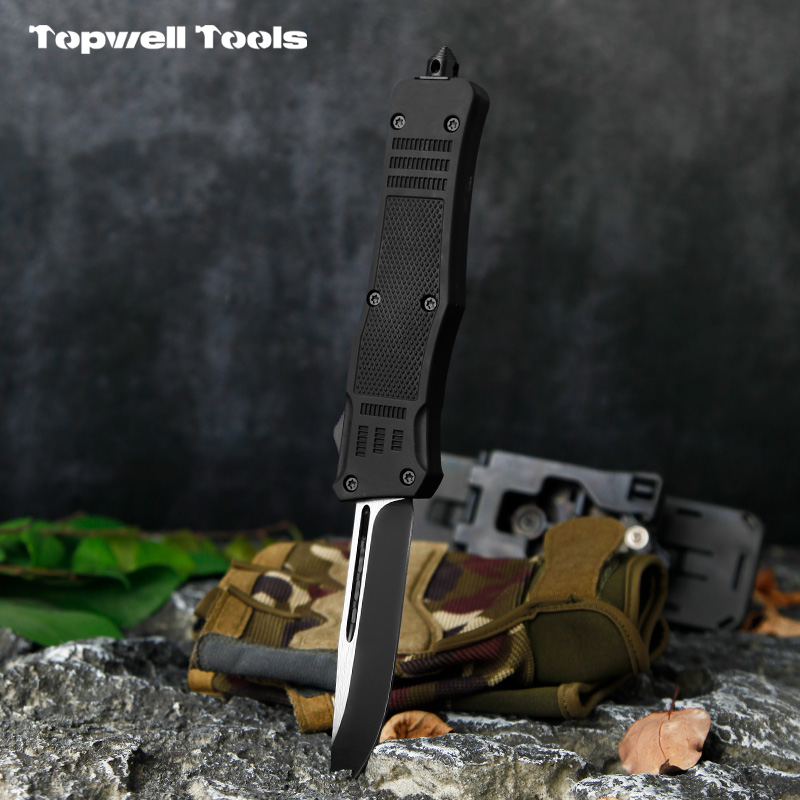 9" Automatic OTF Tactical Knife - Damascus Pattern 420 Stainless Steel Blade with Zinc Alloy Handle & Integrated Window Breaker