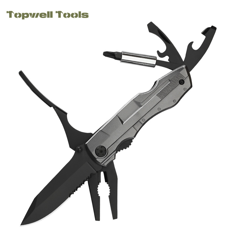 19-in-1 Tactical Multitool Pliers with 9-Piece Screwdriver Bit Set - All-Black Heavy Duty Multi Tool 